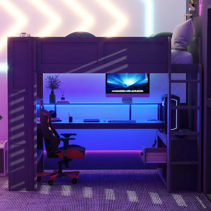 Wood Full Size Gaming Loft Bed with Desk, Multi-storage Shelves, LED and Charging Station, Dark Gray(Old SKU:SM000374AAE) - luxuryhomedecoridea.com
