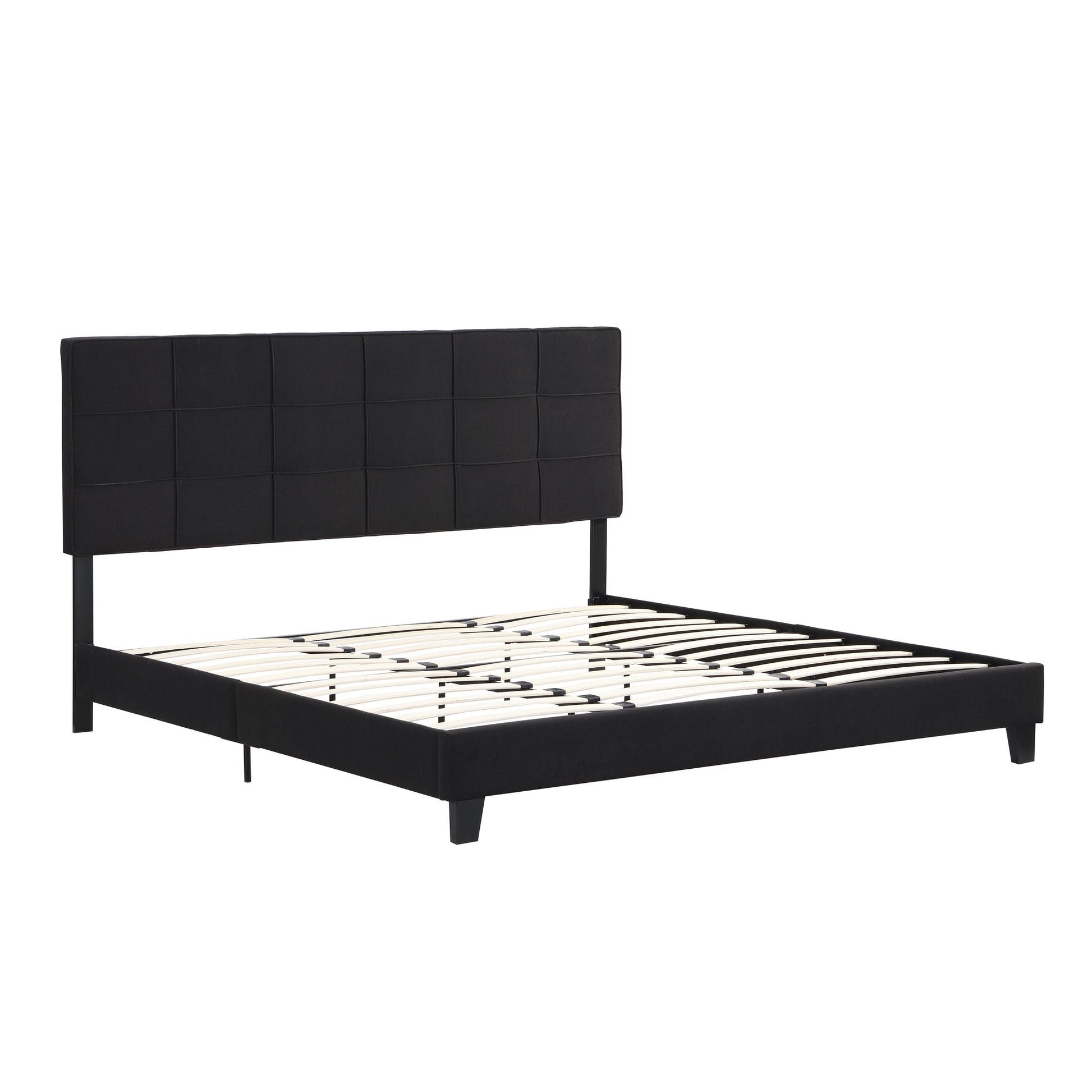 King Size Upholstered Platform Bed Frame with Linen Fabric Headboard, No Box Spring Needed, Wood Slat Support, Easy Assembly, BLACK - luxuryhomedecoridea.com