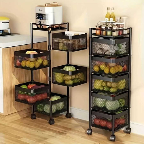 Rotating Kitchen Storage Shelf 5 Tier, Metal Fruit Vegetable Storage Basket Multi-Layer Vegetable Rack Storage Trolley on Wheels, Floor-Standing Basket for Kitchen Bathroom, Square - luxuryhomedecoridea.com
