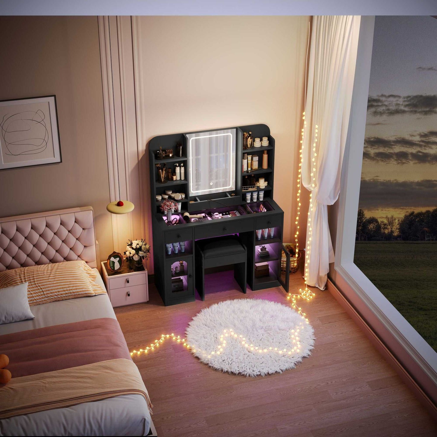 43.2" Vanity Desk with LED Mirror and Lights, Glass Top Vanity with RGB Glass Light Cabinets, Dressing Table with 3 Drawers ,Storage Shelves and Stool for Bedroom - luxuryhomedecoridea.com