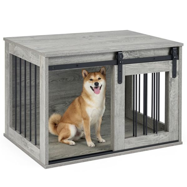 31.5" Dog Crate Furniture with Sliding Barn Door, Wooden Dog Kennel End Table for Indoor Use - Gray - luxuryhomedecoridea.com