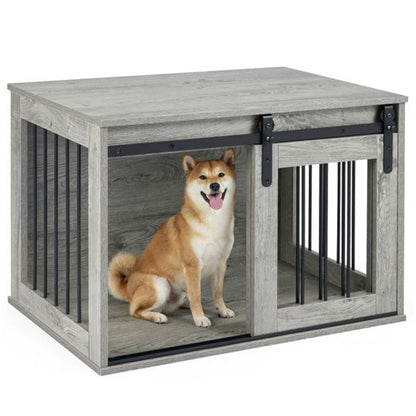 31.5" Dog Crate Furniture with Sliding Barn Door, Wooden Dog Kennel End Table for Indoor Use - Gray - luxuryhomedecoridea.com
