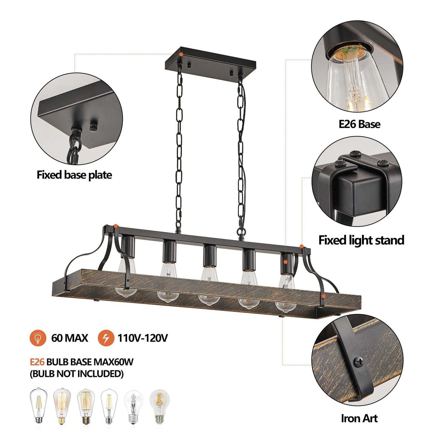 33.7-Inch Black and Gold Vintage Pendant Light, 5 E26 Bulb Sockets, Adjustable Chain Height – Antique Style Chandelier for Dining Room, Kitchen, or Living Room (Bulb Not Included) - luxuryhomedecoridea.com