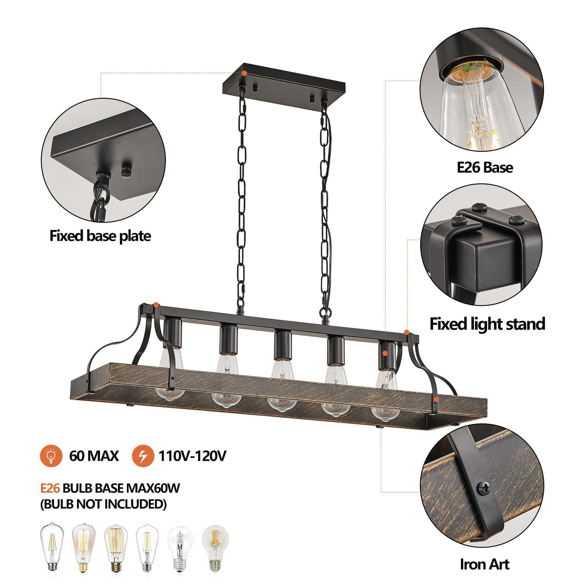 33.7-Inch Black and Gold Vintage Pendant Light, 5 E26 Bulb Sockets, Adjustable Chain Height – Antique Style Chandelier for Dining Room, Kitchen, or Living Room (Bulb Not Included) - luxuryhomedecoridea.com