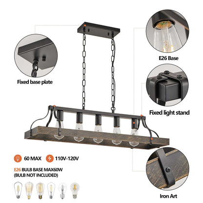 33.7-Inch Black and Gold Vintage Pendant Light, 5 E26 Bulb Sockets, Adjustable Chain Height – Antique Style Chandelier for Dining Room, Kitchen, or Living Room (Bulb Not Included) - luxuryhomedecoridea.com