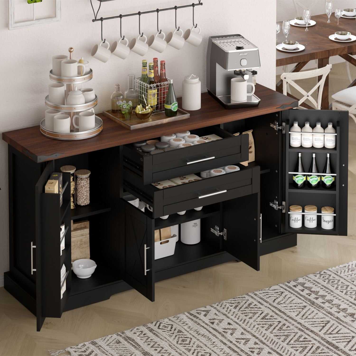 63" Farmhouse Barn Door Storage Cabinet with 2 Drawers & Door Rack, Large Buffet Table Coffee Bar Cabinets with Adjustable Shelves for Kitchen, Living Room, Entryway, Dining Room, Black - luxuryhomedecoridea.com