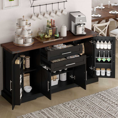 63" Farmhouse Barn Door Storage Cabinet with 2 Drawers & Door Rack, Large Buffet Table Coffee Bar Cabinets with Adjustable Shelves for Kitchen, Living Room, Entryway, Dining Room, Black - luxuryhomedecoridea.com