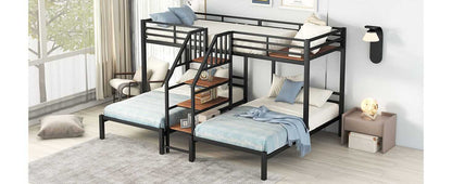 Metal Twin over Twin & Twin Bunk Bed, Triple Bunk Bed with Storage Shelves Staircase, Black - luxuryhomedecoridea.com
