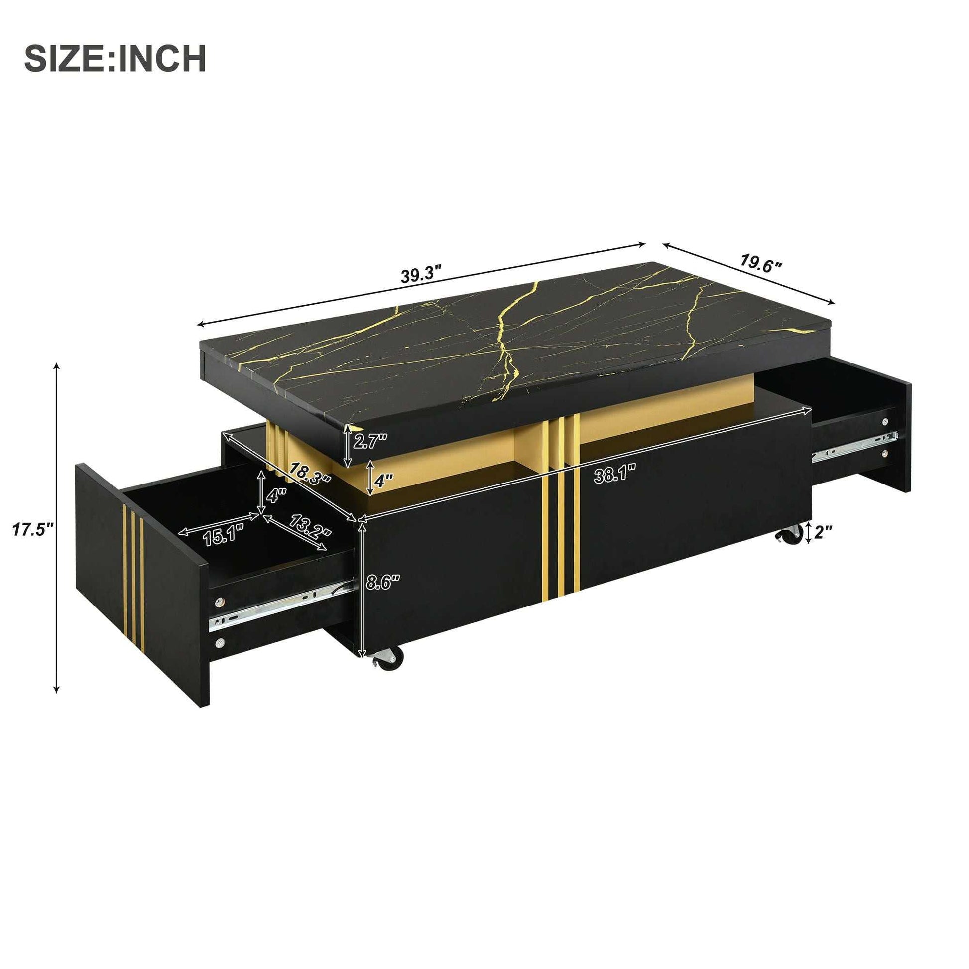 [VIDEO provided] ON-TREND Contemporary Coffee Table with Faux Marble Top, Rectangle Cocktail Table with Caster Wheels, Moderate Luxury Center Table with Gold Metal Bars for Living Room, Black - luxuryhomedecoridea.com