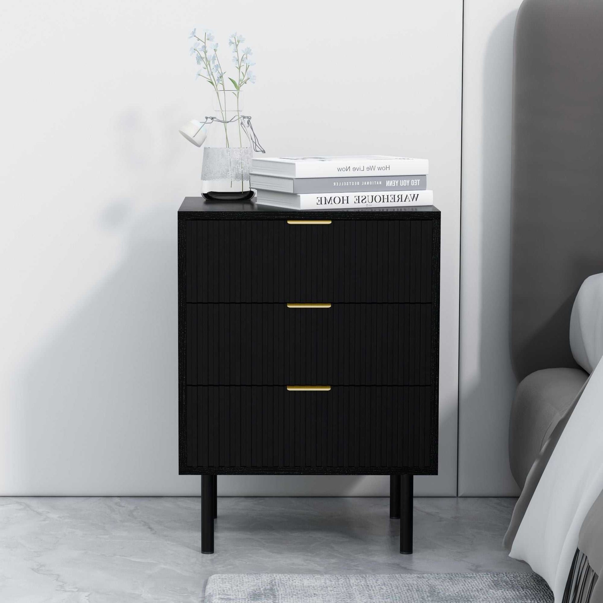 conifferism Fluted Black Nightstand 3 Drawers, Bedroom 26' Tall Bedside Night Stand, Modern Bed Side End Table Living Room, 19' Small Space Mid Century Storage Cabinet - luxuryhomedecoridea.com
