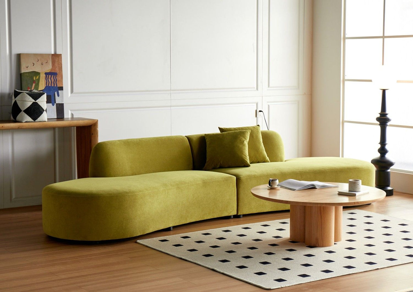 132" Curved Sofa with Throw Pillows, 6 Seater Luxury Velvet Couch with Half Moon Design and High-Density Foam, Ideal for Modern Living Room, Office & Apartment, Olive Green - luxuryhomedecoridea.com
