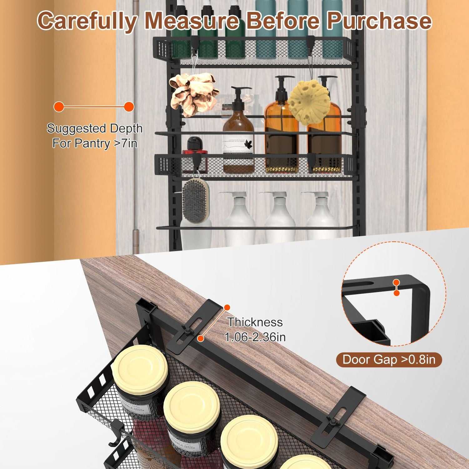 10LBS Loading 6-Tier Over the Door Pantry Organizer, Large Metal Door Spice Rack, Hanging Heavy-Duty Pantry Door Storage Shelf Easy Install Behind Door Storagefor Kitchen and Bathroom, Black - luxuryhomedecoridea.com