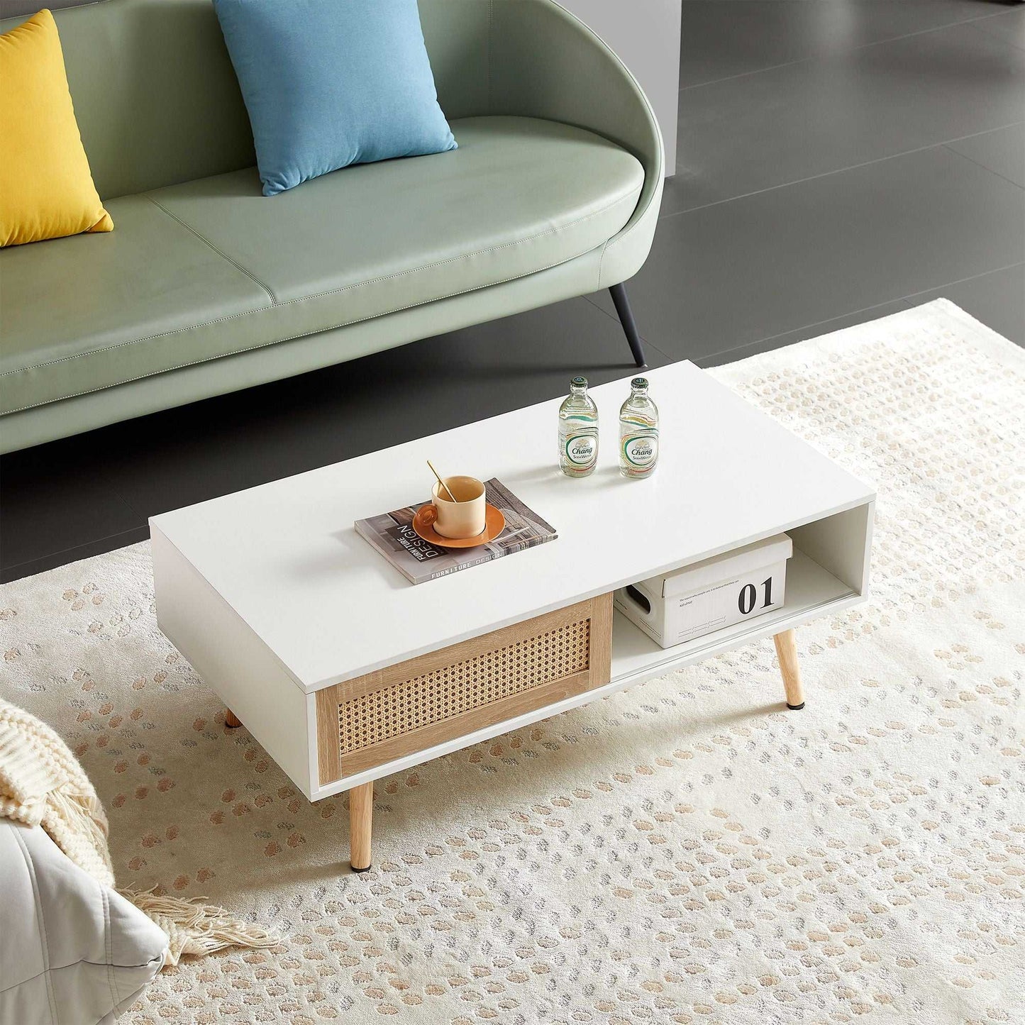 41.34" Rattan Coffee table, sliding door for storage, solid wood legs, Modern table for living room - luxuryhomedecoridea.com