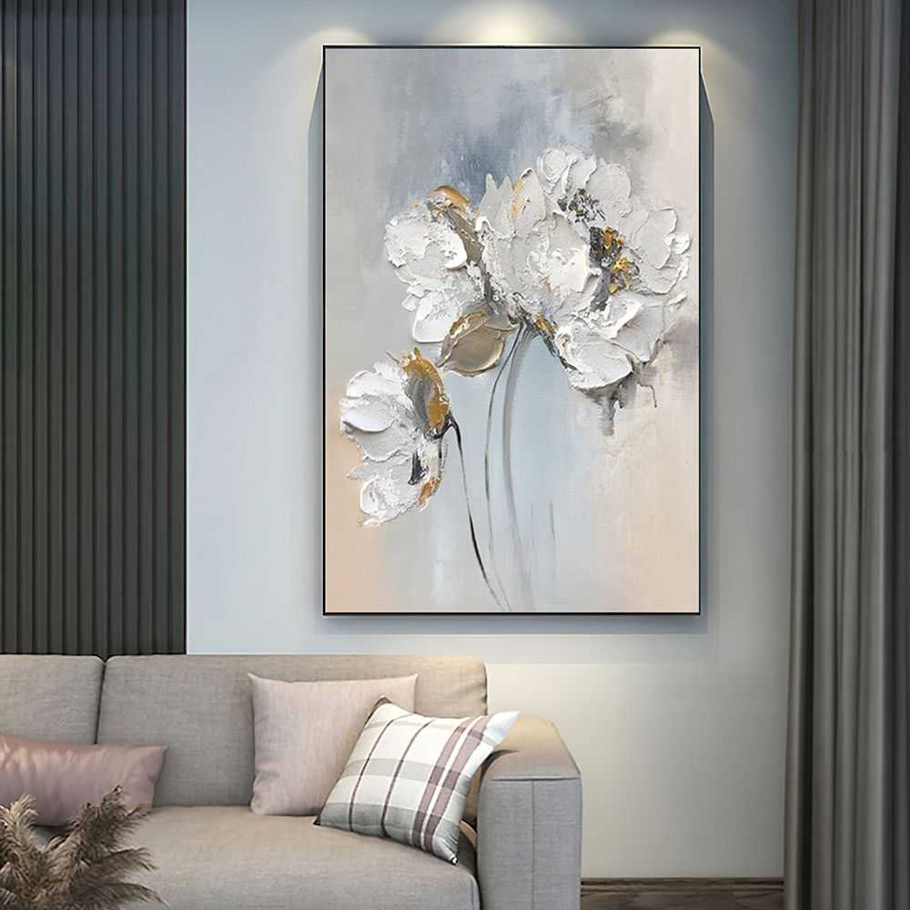 Handmade Oil Painting Fancy Wall Art Personalized Gifts Abstract White Floral Painting On canvas Large Flower Oil Painting Minimalist Modern Living Room Painting - luxuryhomedecoridea.com