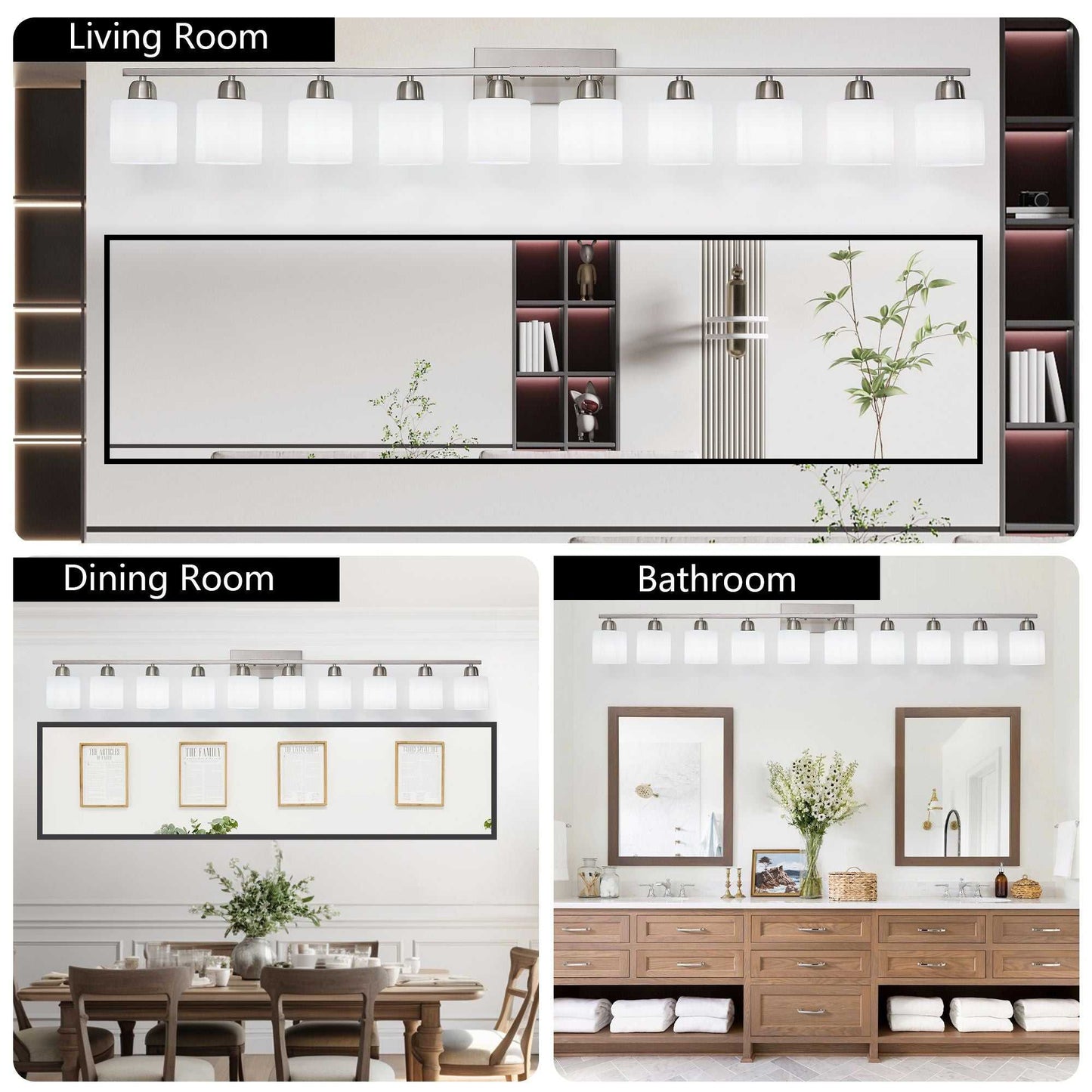 10-Light Bathroom Light Fixtures, 6552inch Nickel Vanity Light with Milky White Glass Shade, Modern Bathroom Wall Lights Over Mirror, Farmhouse Wall Sconces Lighting for Bedroom Living Room - luxuryhomedecoridea.com