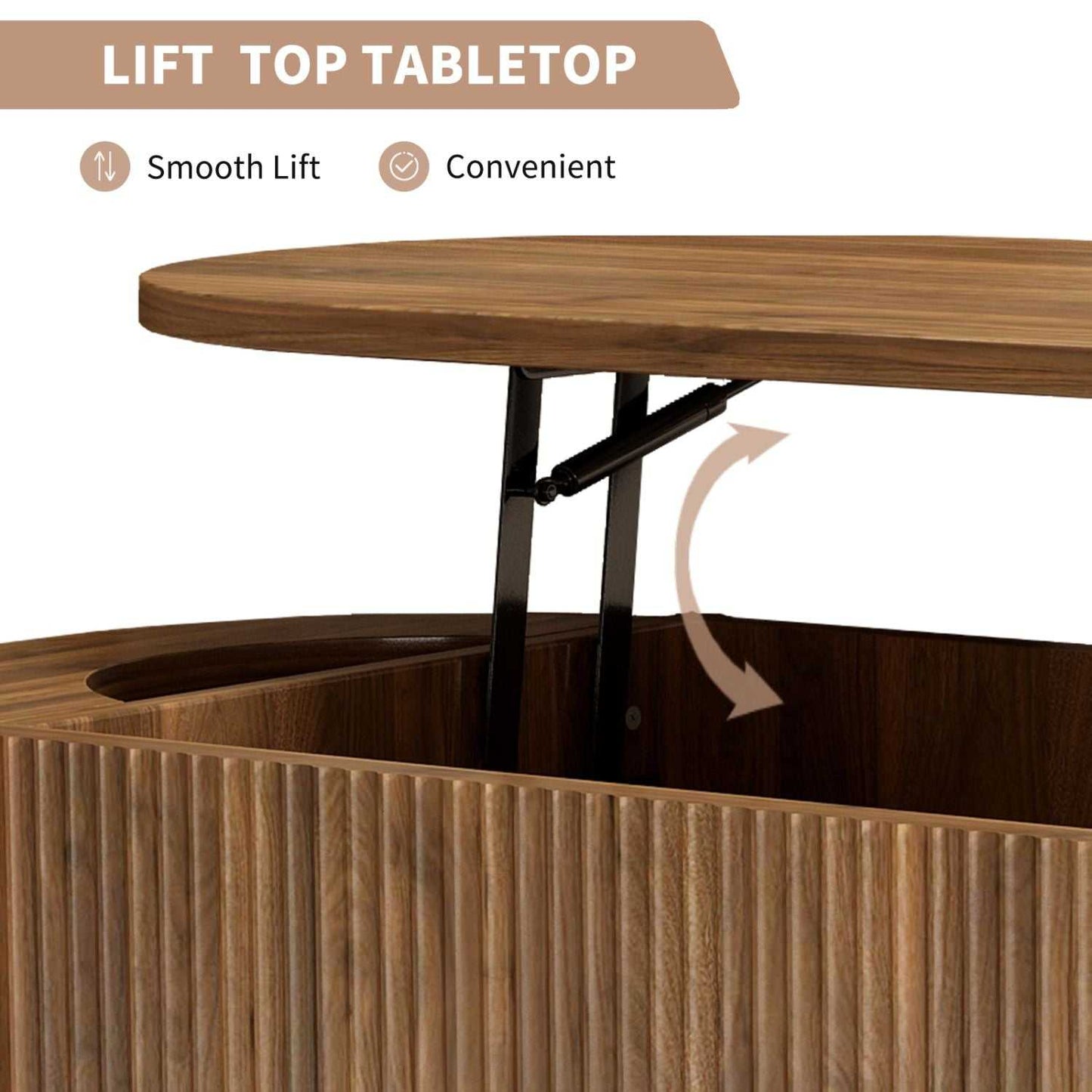 Fluted Lift Top Coffee Table with Hidden Compartment, Wooden Center Table, Modern Oval Lift Tabletop for Home Living Room Office, Walnut Brown Color - luxuryhomedecoridea.com