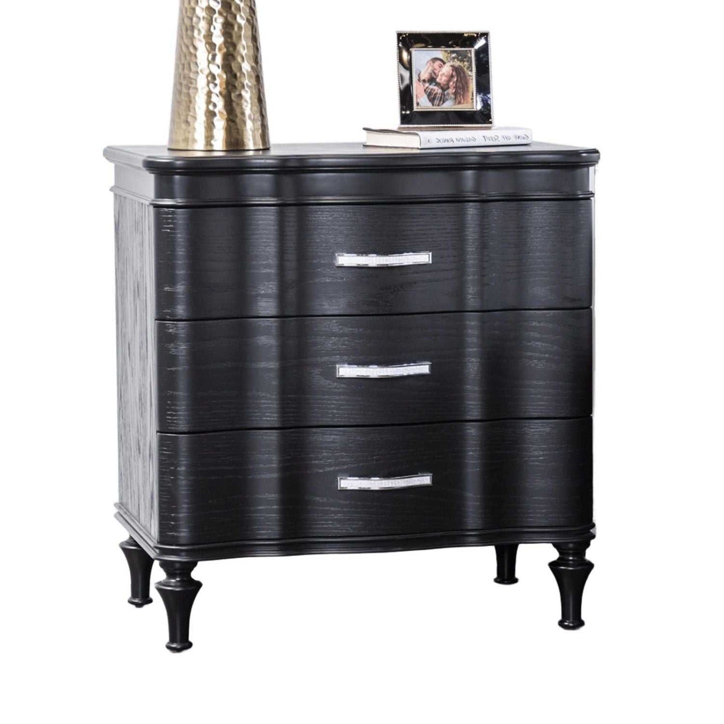 Glam Stylish Modern Black 1pc Nightstand Solidwood Turned Wood Leg Curved Front Panels Bedroom Furniture Bedside - luxuryhomedecoridea.com