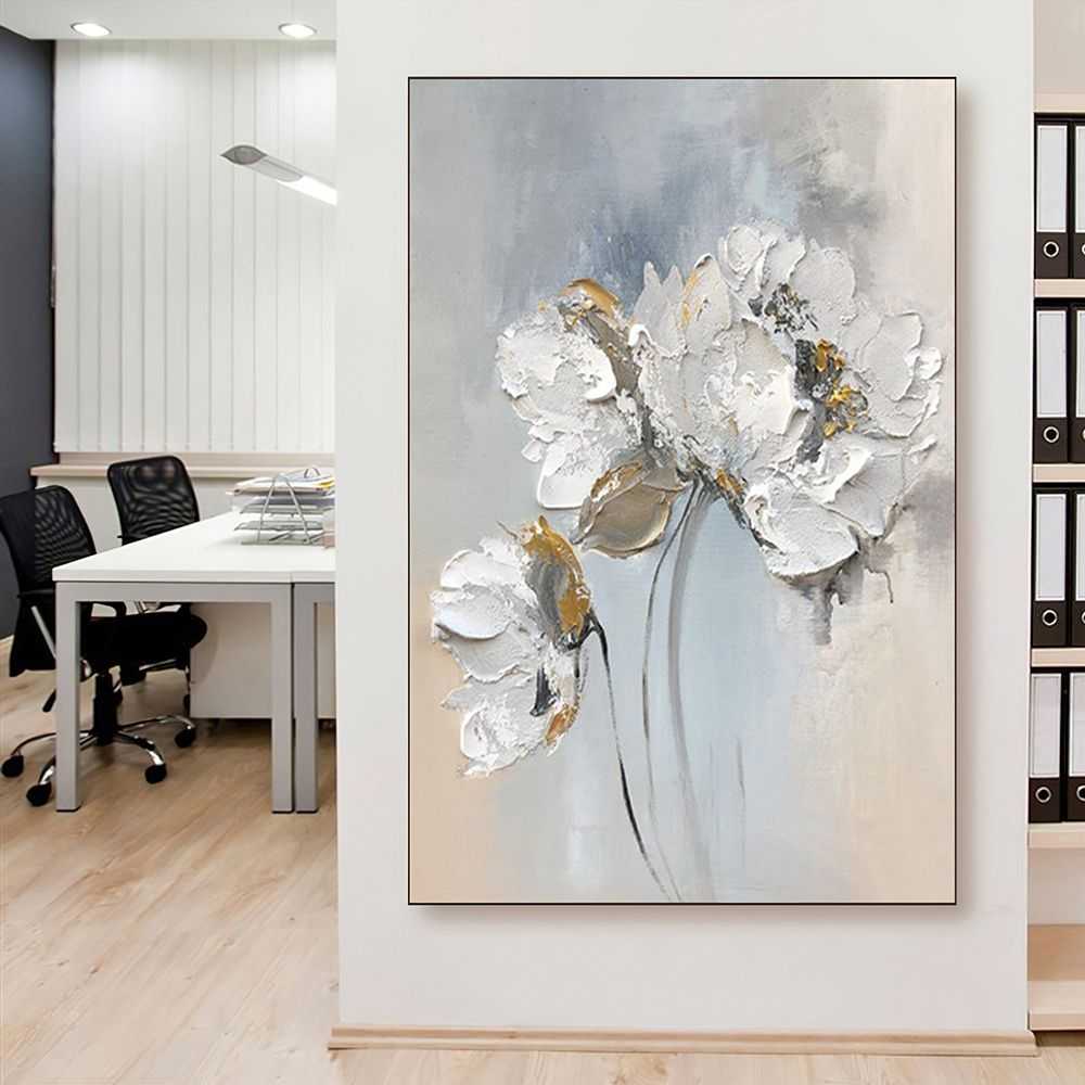 Handmade Oil Painting Fancy Wall Art Personalized Gifts Abstract White Floral Painting On canvas Large Flower Oil Painting Minimalist Modern Living Room Painting - luxuryhomedecoridea.com