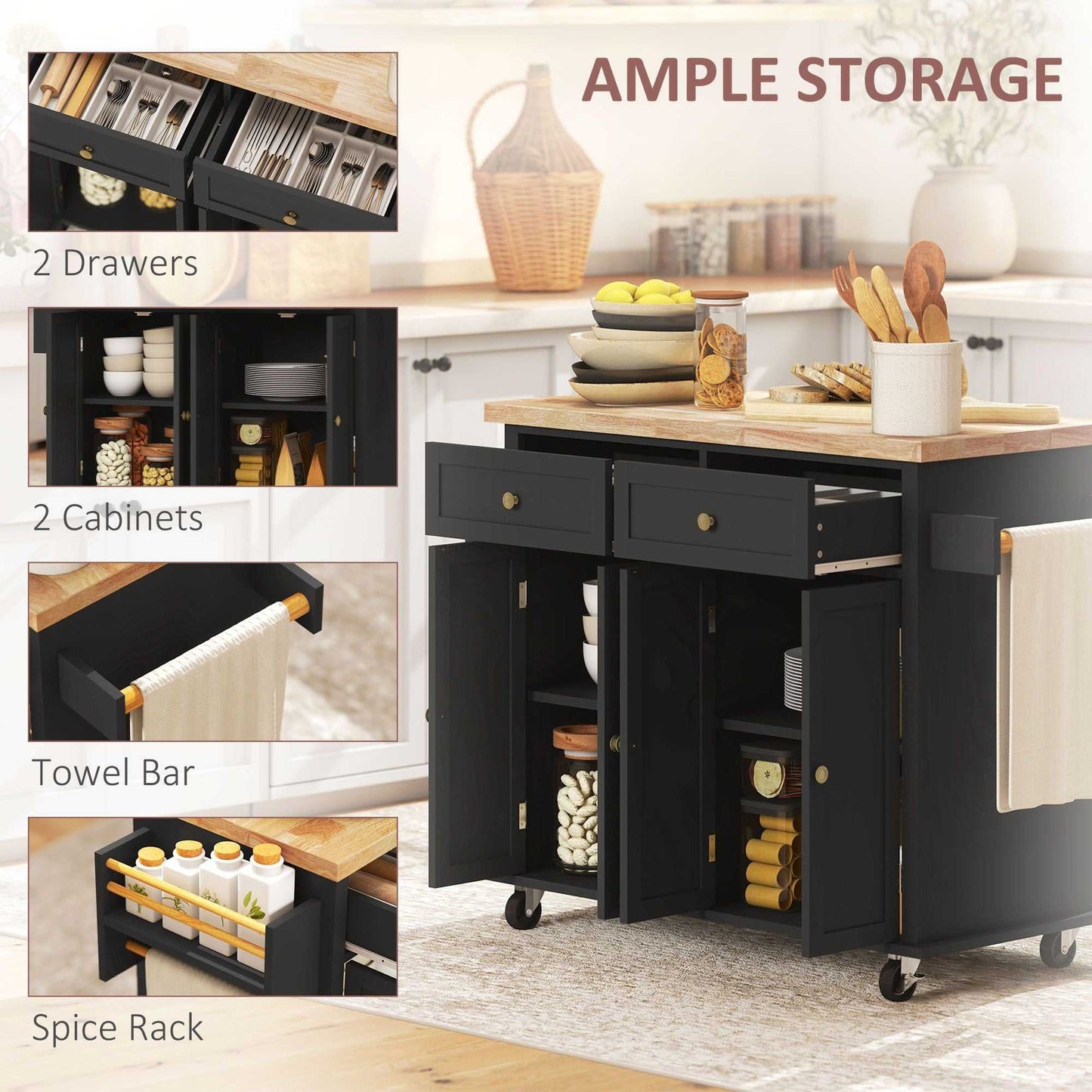 Kitchen Island Cart with Rubber Wood Top, Rolling Kitchen Island Table on Wheels with Drawers, Adjustable Shelves, Spice Rack and Towel Rack for Dining Room, Black - luxuryhomedecoridea.com