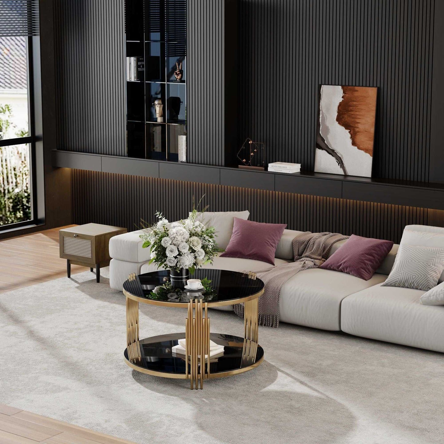 Modern Black Mirror Coffee Table, Asymmetrical Metal, Circular Metal Drum Base, Gold Finish & Lower Shelf - luxuryhomedecoridea.com