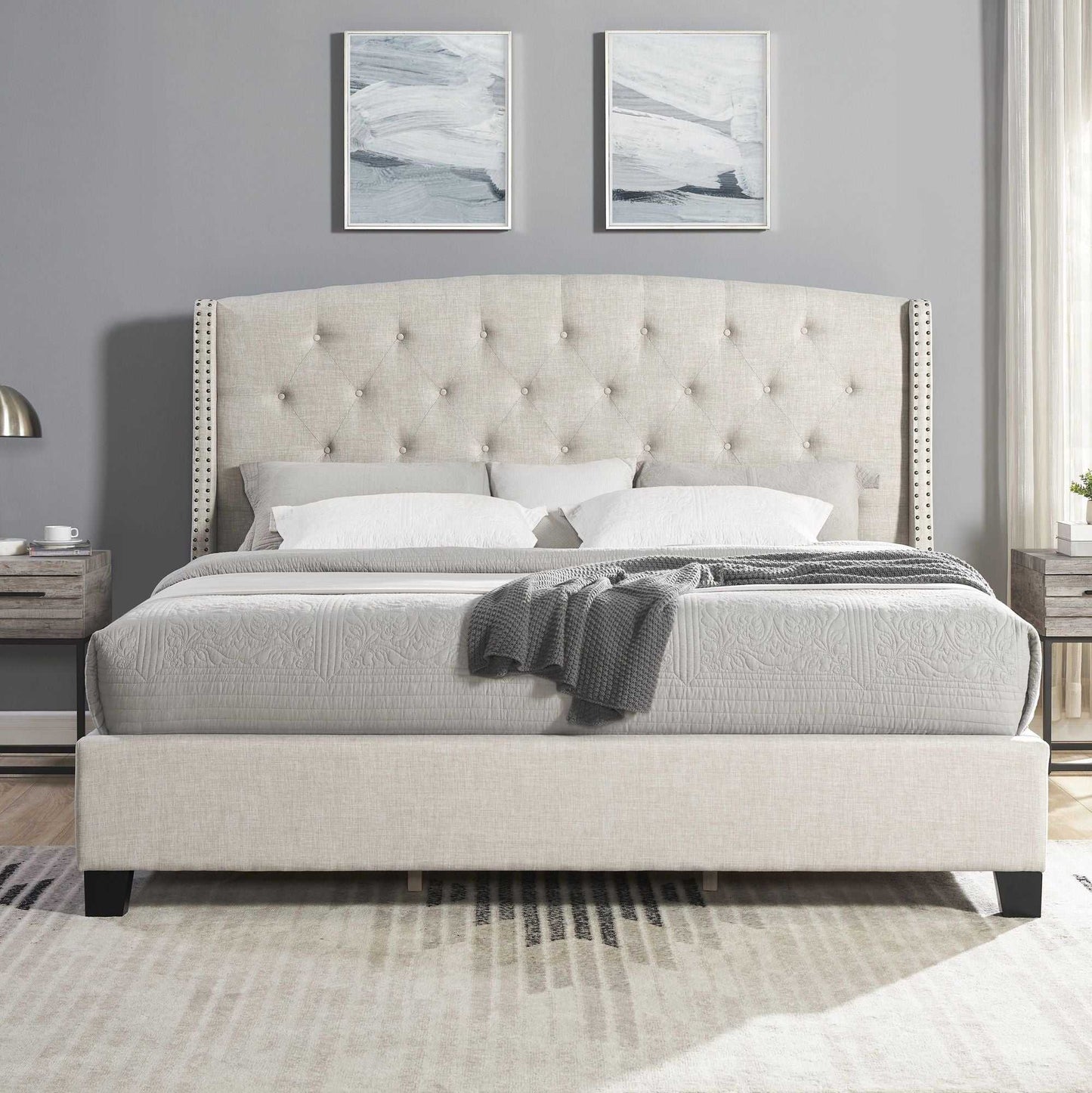 Nantarre Fabric Button Tufted Wingback Upholstered Bed with Nail Head Trim, Beige - luxuryhomedecoridea.com