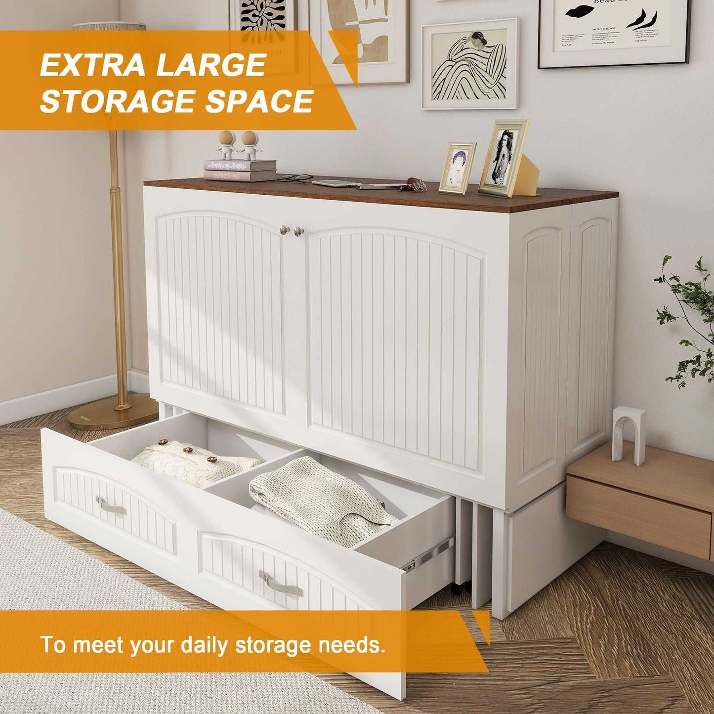 Queen Size Murphy Bed Frame with Drawers Murphy Chest Bed with Charging Station, 2 USB Ports Mobile Murphy Bed Sleeping Arrangement for Multipurpose Area for Bedroom Living Room Guest Room White&Wood - luxuryhomedecoridea.com