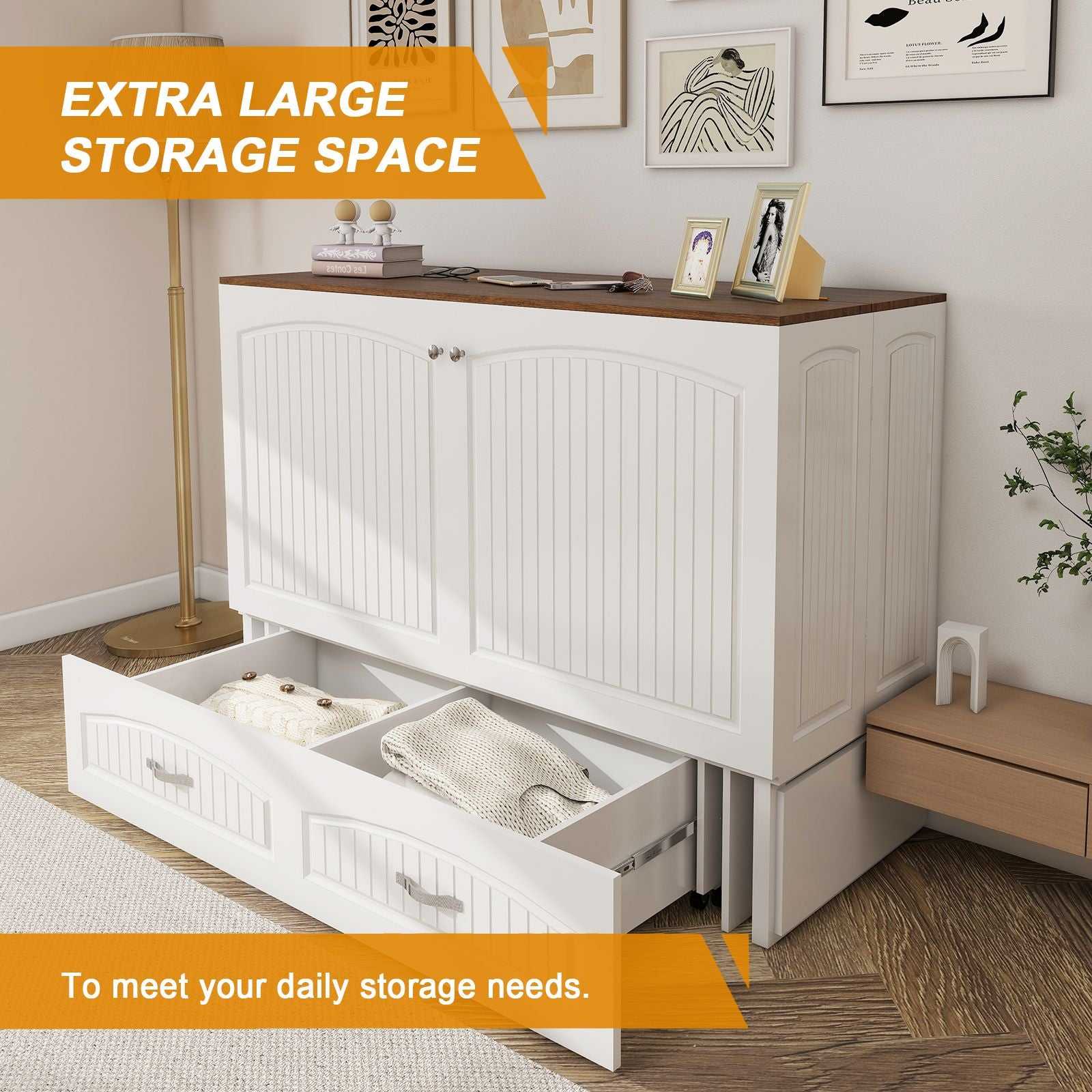 Queen Size Murphy Bed Frame with Drawers Murphy Chest Bed with Charging Station, 2 USB Ports Mobile Murphy Bed Sleeping Arrangement for Multipurpose Area for Bedroom Living Room Guest Room White&Wood - luxuryhomedecoridea.com