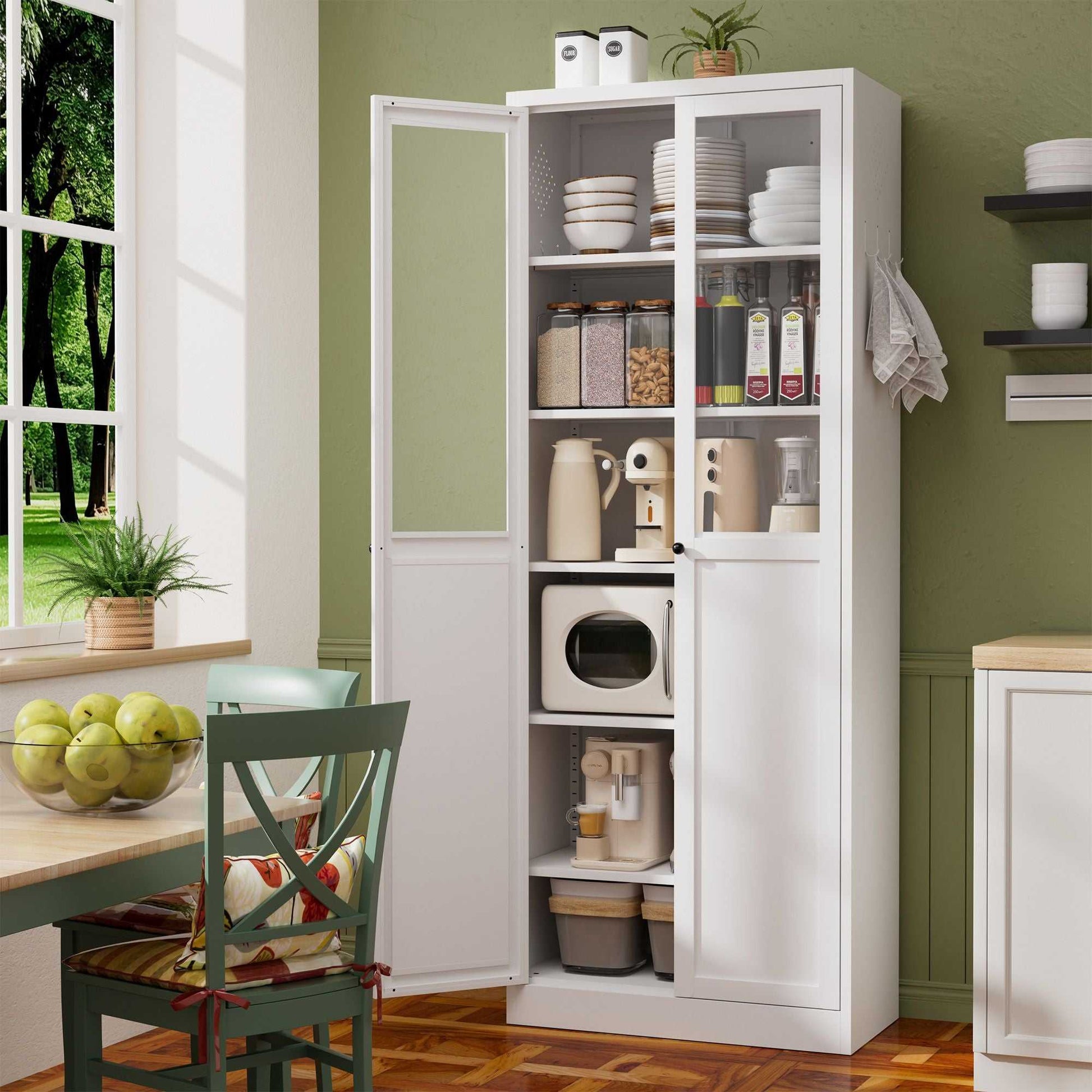 72" Metal Kitchen Pantry Cabinet with Doors & Shelves, Tall Heavy-Duty Adjustable Storage Organizer, Tool-Free Assembly Freestanding Cabinet for Living Room, Bathroom, White - luxuryhomedecoridea.com