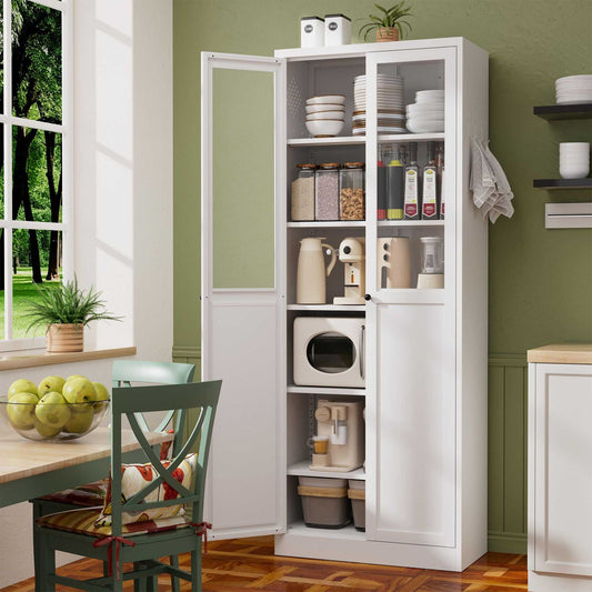 72" Metal Kitchen Pantry Cabinet with Doors & Shelves, Tall Heavy-Duty Adjustable Storage Organizer, Tool-Free Assembly Freestanding Cabinet for Living Room, Bathroom, White - luxuryhomedecoridea.com