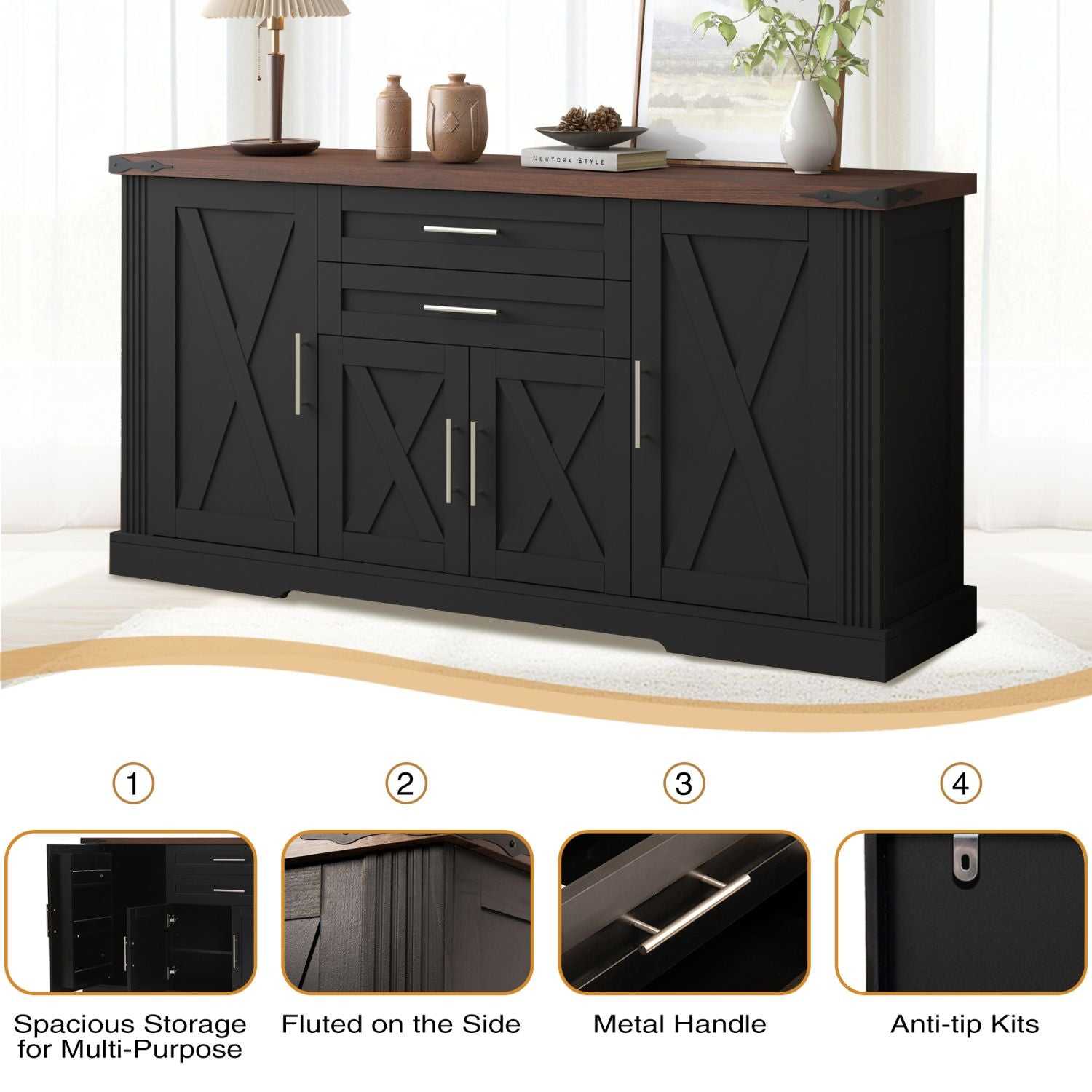 63" Farmhouse Barn Door Storage Cabinet with 2 Drawers & Door Rack, Large Buffet Table Coffee Bar Cabinets with Adjustable Shelves for Kitchen, Living Room, Entryway, Dining Room, Black - luxuryhomedecoridea.com