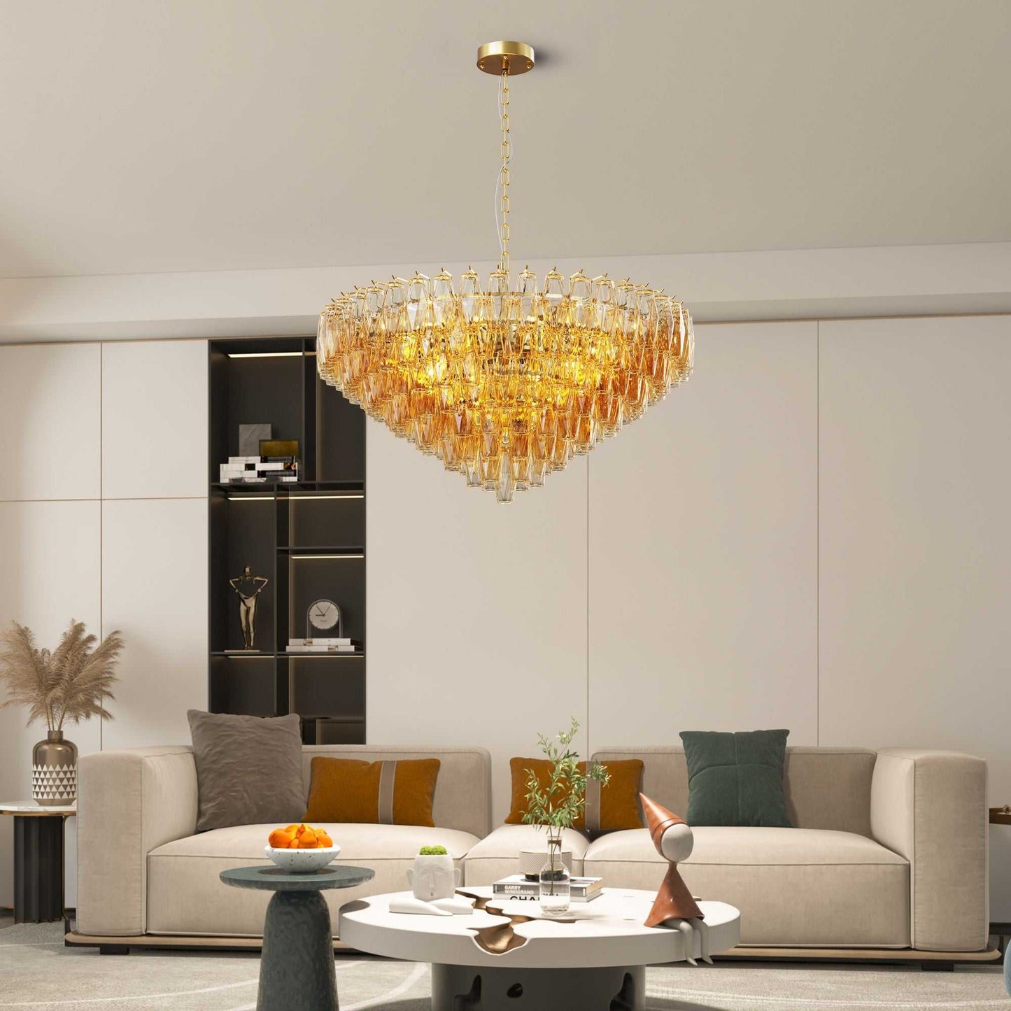 37" Extra Large Chandelier, 14-Light Gold Modern Round Chandelier for Living Room, Tiered Smoke Blown Glass Brass Chandeliers, Hanging Light Fixture for Bedroom, Dining Room, Foyer, Entryway - luxuryhomedecoridea.com