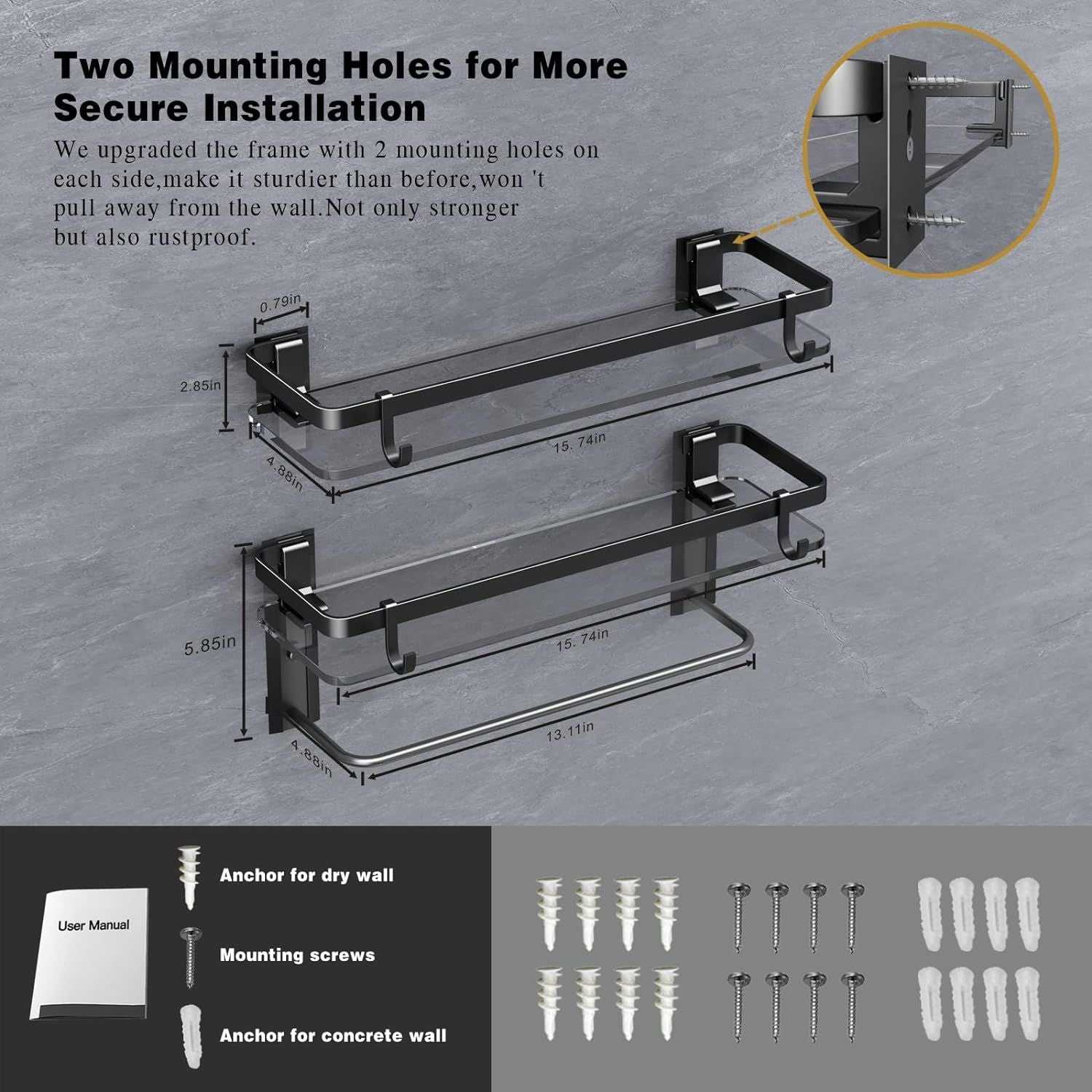 Glass Shelf for Bathroom 15.7 in Bathroom Shelves with Towel Bar Tempered Glass Shelves for Wall(2 Tier) - luxuryhomedecoridea.com