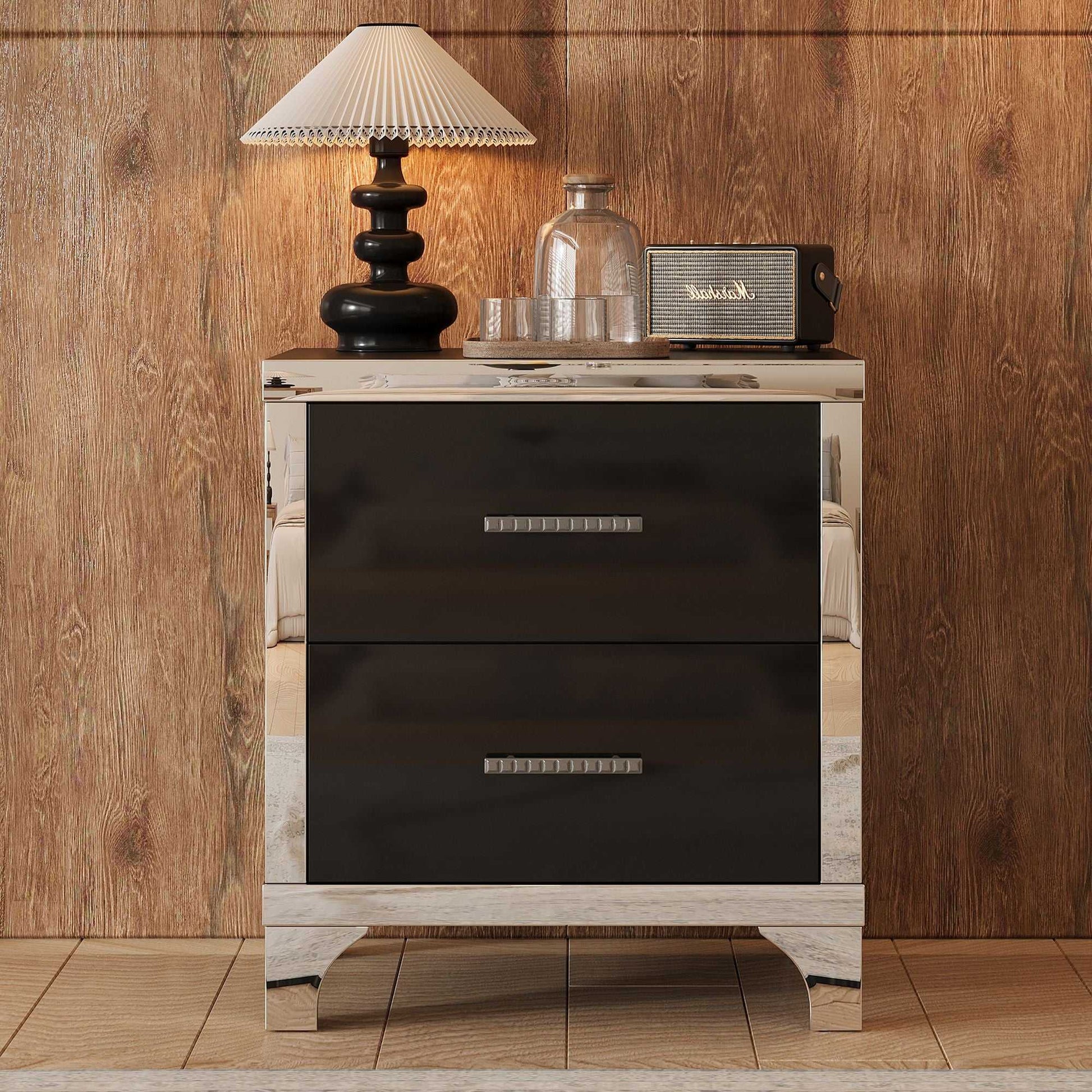 Elegant High Gloss Nightstand with Metal Handle,Mirrored Bedside Table with 2 Drawers for Bedroom,Living Room - luxuryhomedecoridea.com