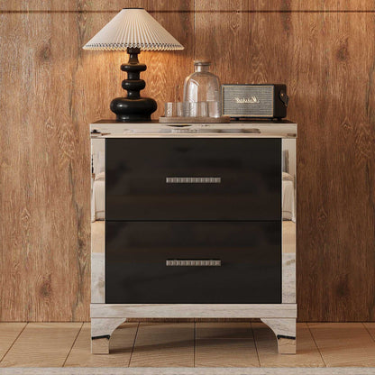 Elegant High Gloss Nightstand with Metal Handle,Mirrored Bedside Table with 2 Drawers for Bedroom,Living Room - luxuryhomedecoridea.com