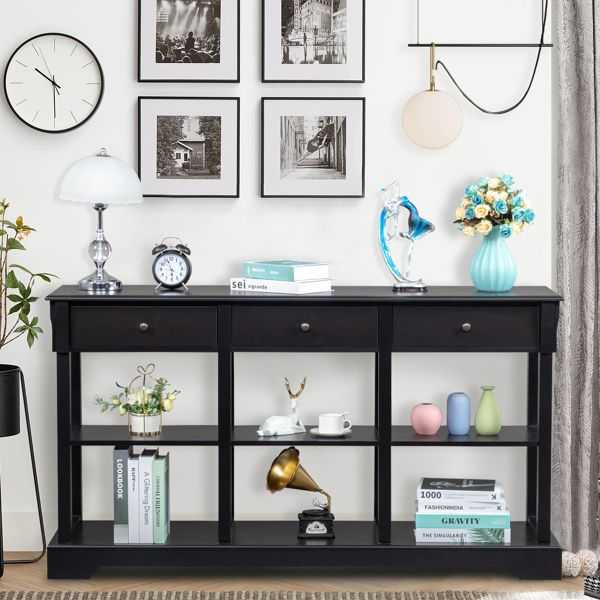 Console Sofa Table with Ample Storage; Retro Kitchen Buffet Cabinet Sideboard with Open Shelves and 3 Drawers; Accent Storage Cabinet for Entryway/Living Room Black Color - luxuryhomedecoridea.com
