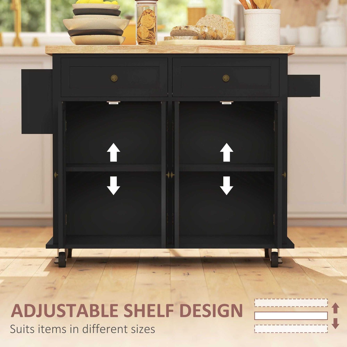 Kitchen Island Cart with Rubber Wood Top, Rolling Kitchen Island Table on Wheels with Drawers, Adjustable Shelves, Spice Rack and Towel Rack for Dining Room, Black - luxuryhomedecoridea.com