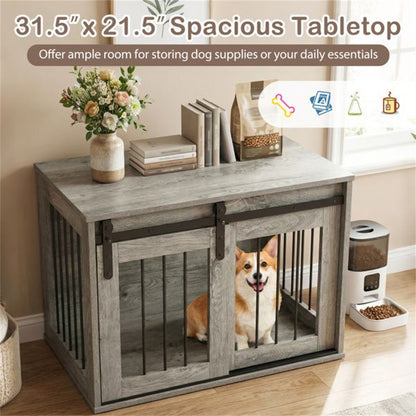 31.5" Dog Crate Furniture with Sliding Barn Door, Wooden Dog Kennel End Table for Indoor Use - Gray - luxuryhomedecoridea.com