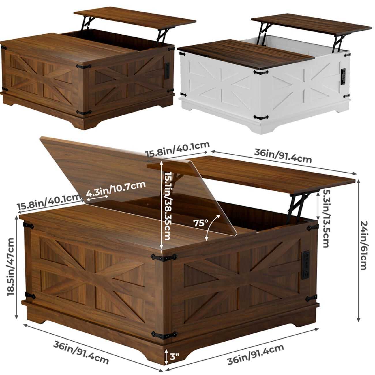 36" Farmhouse Coffee Table with Lift-Top, USB Charging Station & Hidden Storage - Sturdy Wooden Base, - luxuryhomedecoridea.com