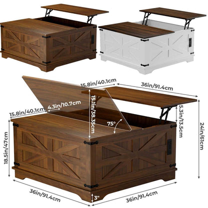 36" Farmhouse Coffee Table with Lift-Top, USB Charging Station & Hidden Storage - Sturdy Wooden Base, - luxuryhomedecoridea.com