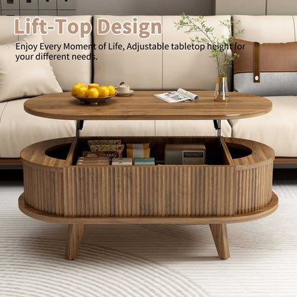 Fluted Lift Top Coffee Table with Hidden Compartment, Wooden Center Table, Modern Oval Lift Tabletop for Home Living Room Office, Walnut Brown Color - luxuryhomedecoridea.com