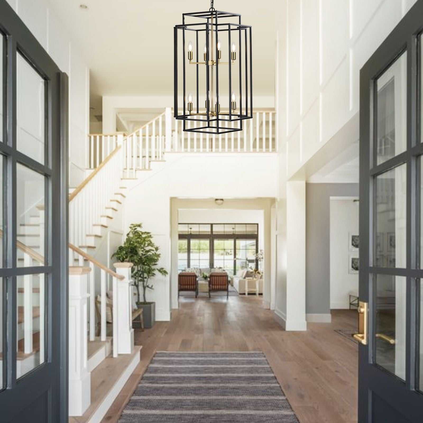 (Same as W1340142524/L1018-G) 18" Modern 8-Light Black Gold Geometric Pendant Chandelier, Industrial Metal Frame, Adjustable Hanging Light for Living Room, Dining Room, Kitchen (No Bulbs) - luxuryhomedecoridea.com