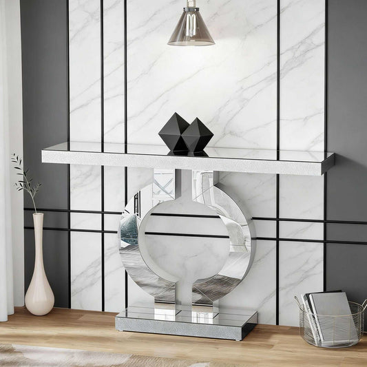 Mirrored Console Table, Modern Silver Sofa Table with O-Shaped BaseS - luxuryhomedecoridea.com