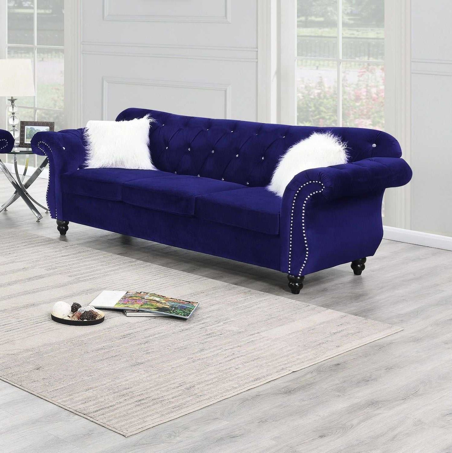 Formal Luxury Look 1pc Indigo Velvet Sofa w Pillows Living Room Furniture Couch - luxuryhomedecoridea.com