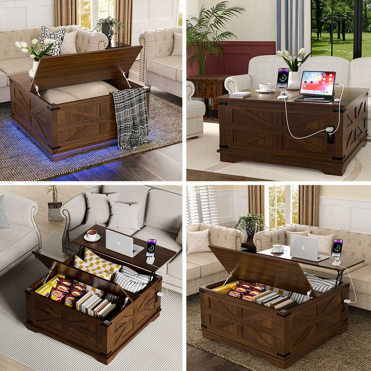 36" Farmhouse Coffee Table with Lift-Top, USB Charging Station & Hidden Storage - Sturdy Wooden Base, - luxuryhomedecoridea.com