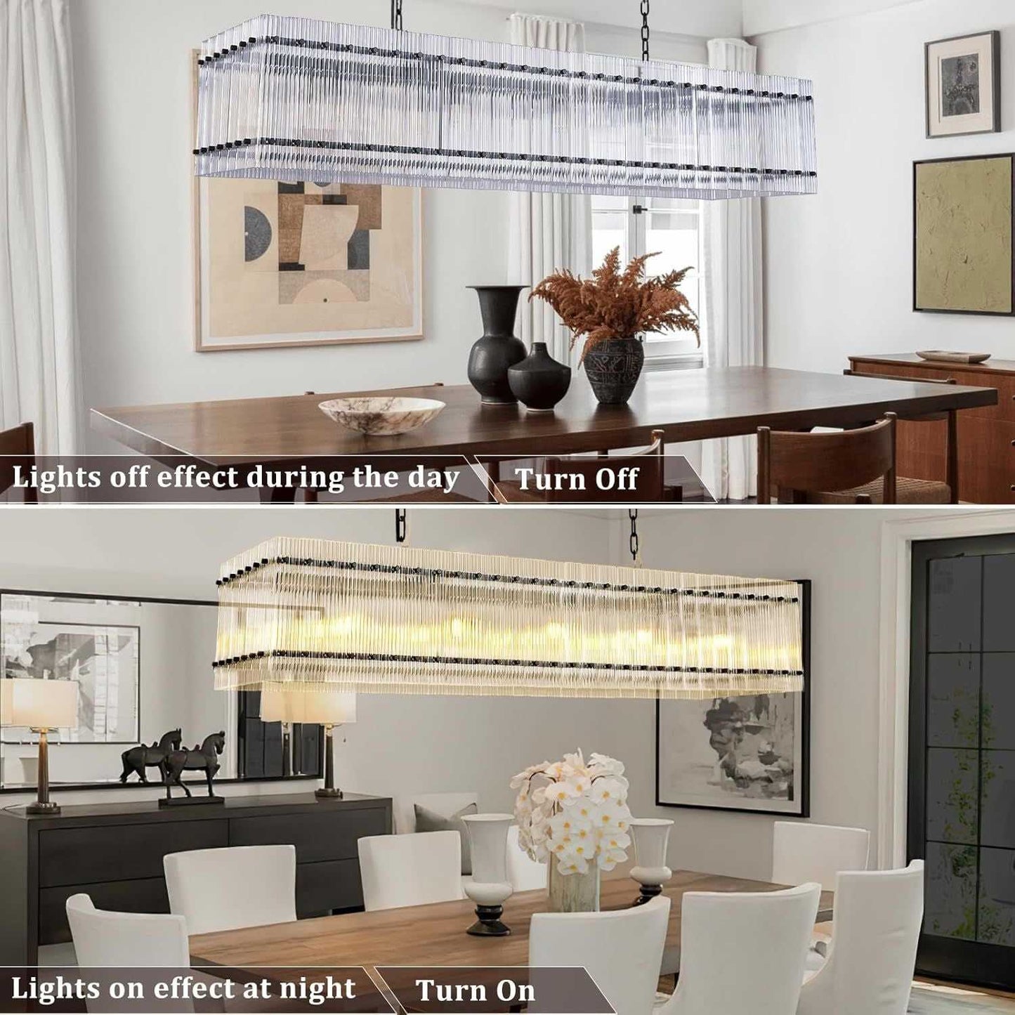 Modern Rectangular Crystal Glass Chandelier, 10-Lights Black Chandelier Lighting Contemporary Pendant Ceiling Light Fixture for Dining Room Living Room Kitchen Island - luxuryhomedecoridea.com