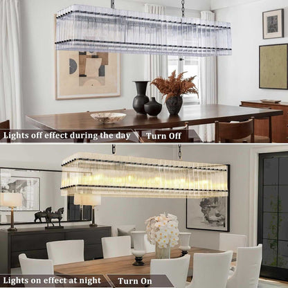 Modern Rectangular Crystal Glass Chandelier, 10-Lights Black Chandelier Lighting Contemporary Pendant Ceiling Light Fixture for Dining Room Living Room Kitchen Island - luxuryhomedecoridea.com