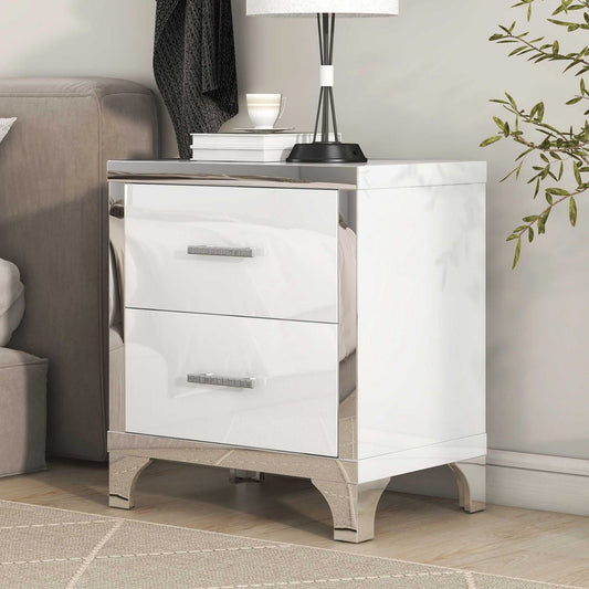 Elegant High Gloss Nightstand with Metal Handle,Mirrored Bedside Table with 2 Drawers for Bedroom,Living Room - luxuryhomedecoridea.com
