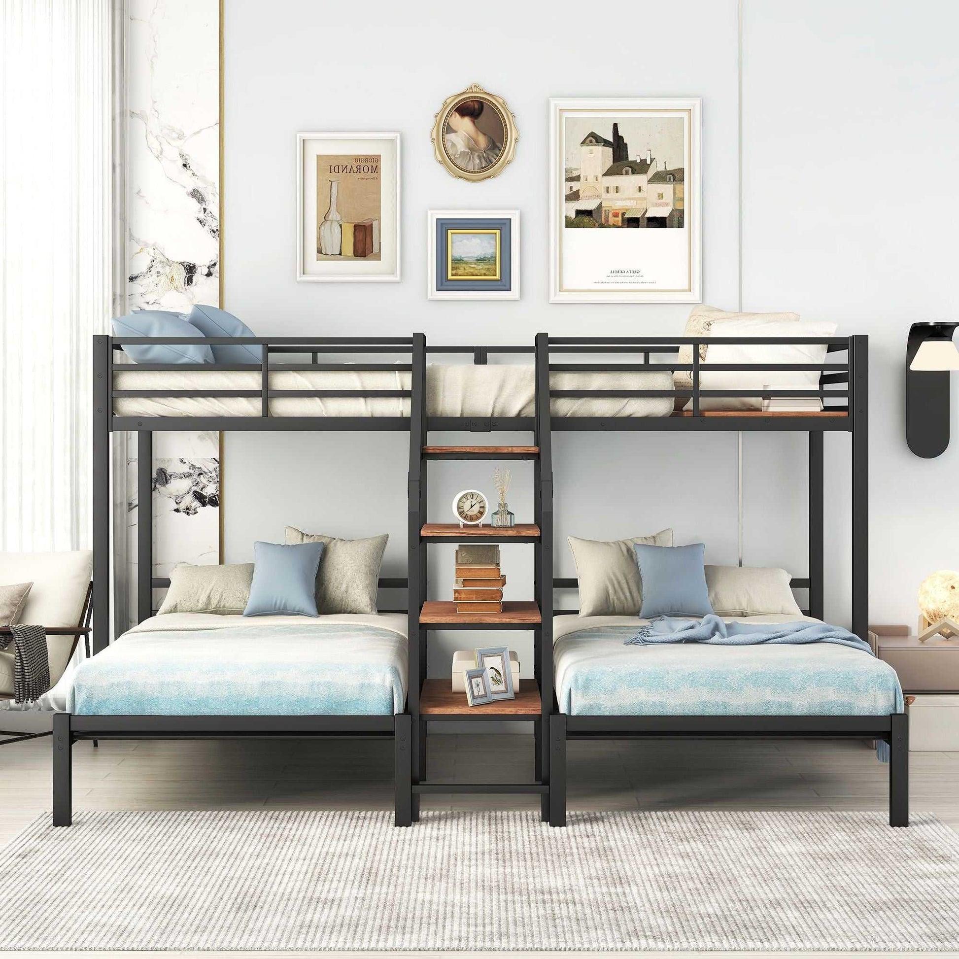 Metal Twin over Twin & Twin Bunk Bed, Triple Bunk Bed with Storage Shelves Staircase, Black - luxuryhomedecoridea.com