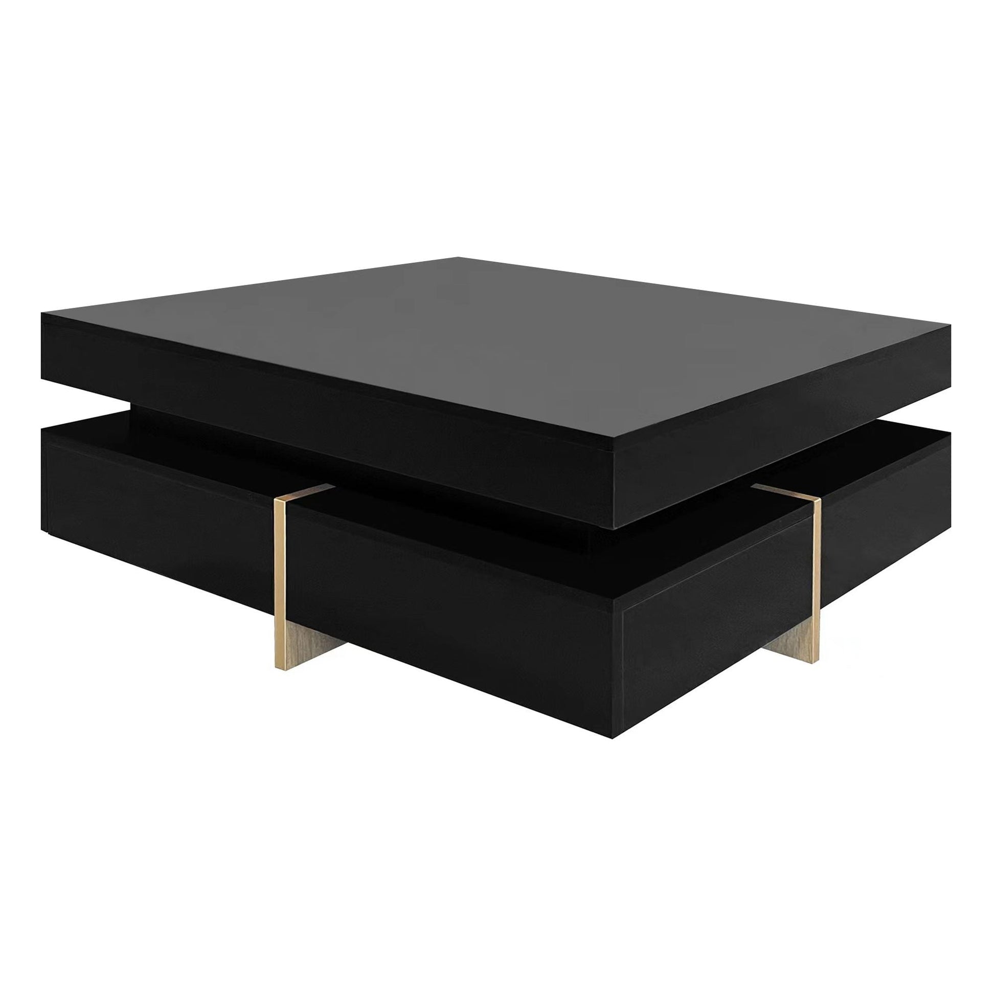 ON-TREND Modern High Gloss Coffee Table with 4 Drawers, Multi-Storage Square Cocktail Tea Table with Wood Grain Legs, Center Table for Living Room, 31.5''x31.5'', Black - luxuryhomedecoridea.com
