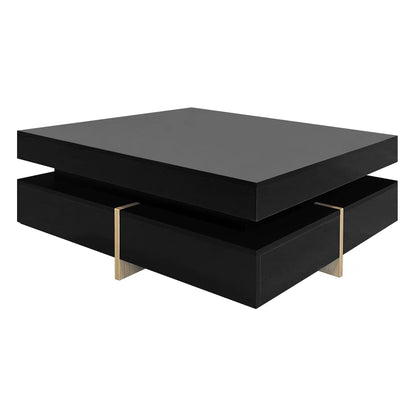 ON-TREND Modern High Gloss Coffee Table with 4 Drawers, Multi-Storage Square Cocktail Tea Table with Wood Grain Legs, Center Table for Living Room, 31.5''x31.5'', Black - luxuryhomedecoridea.com
